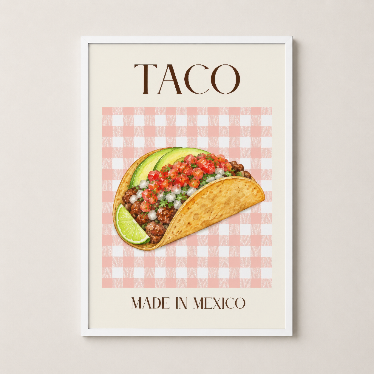 Beyaz ahşap çerçeveli taco tablosu, minimalist iç mekanlar için hafif ve parlak tasarım.