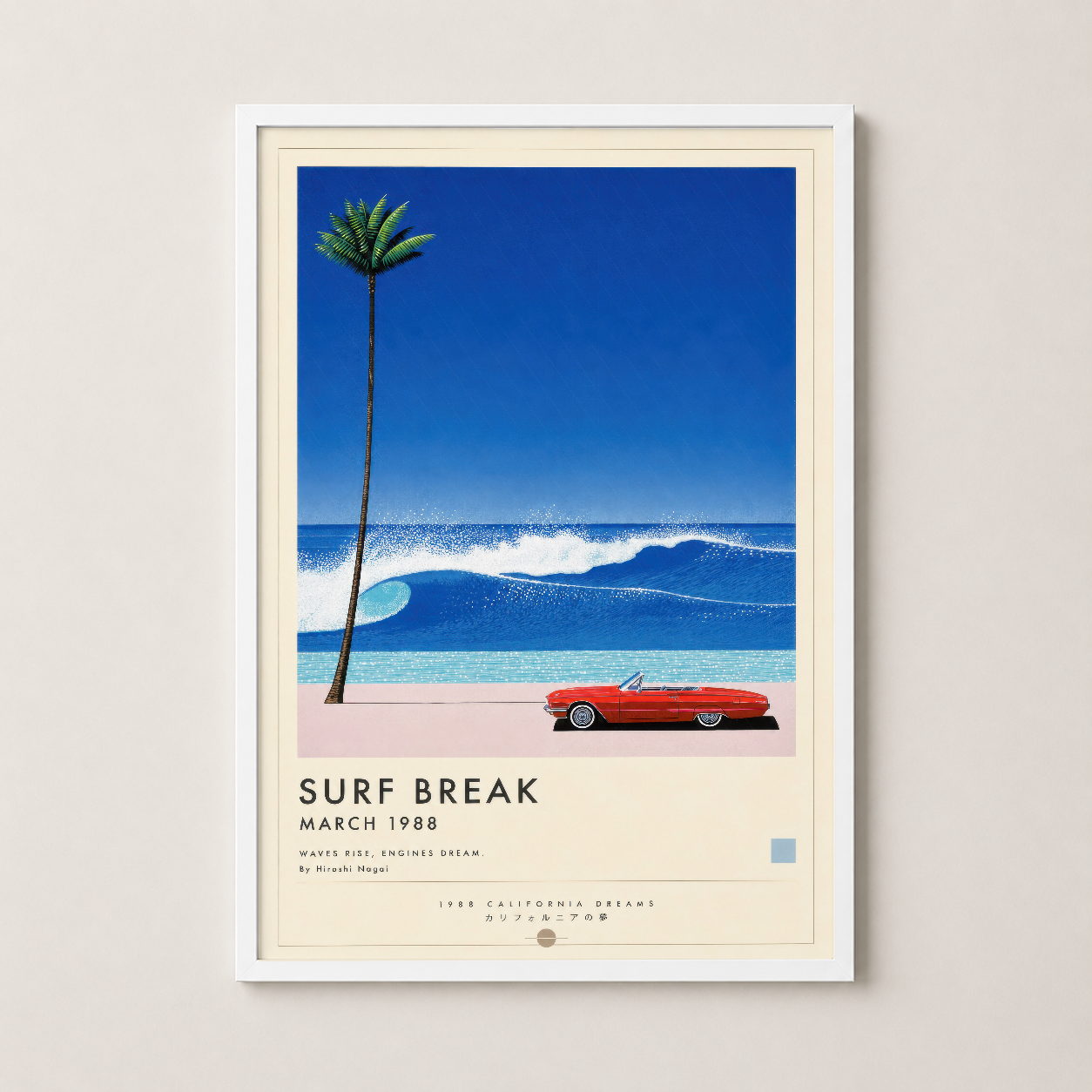 Sörf Break posteri beyaz çerçevede, nostaljik sahil manzarası ve retro otomobil illüstrasyonlu.