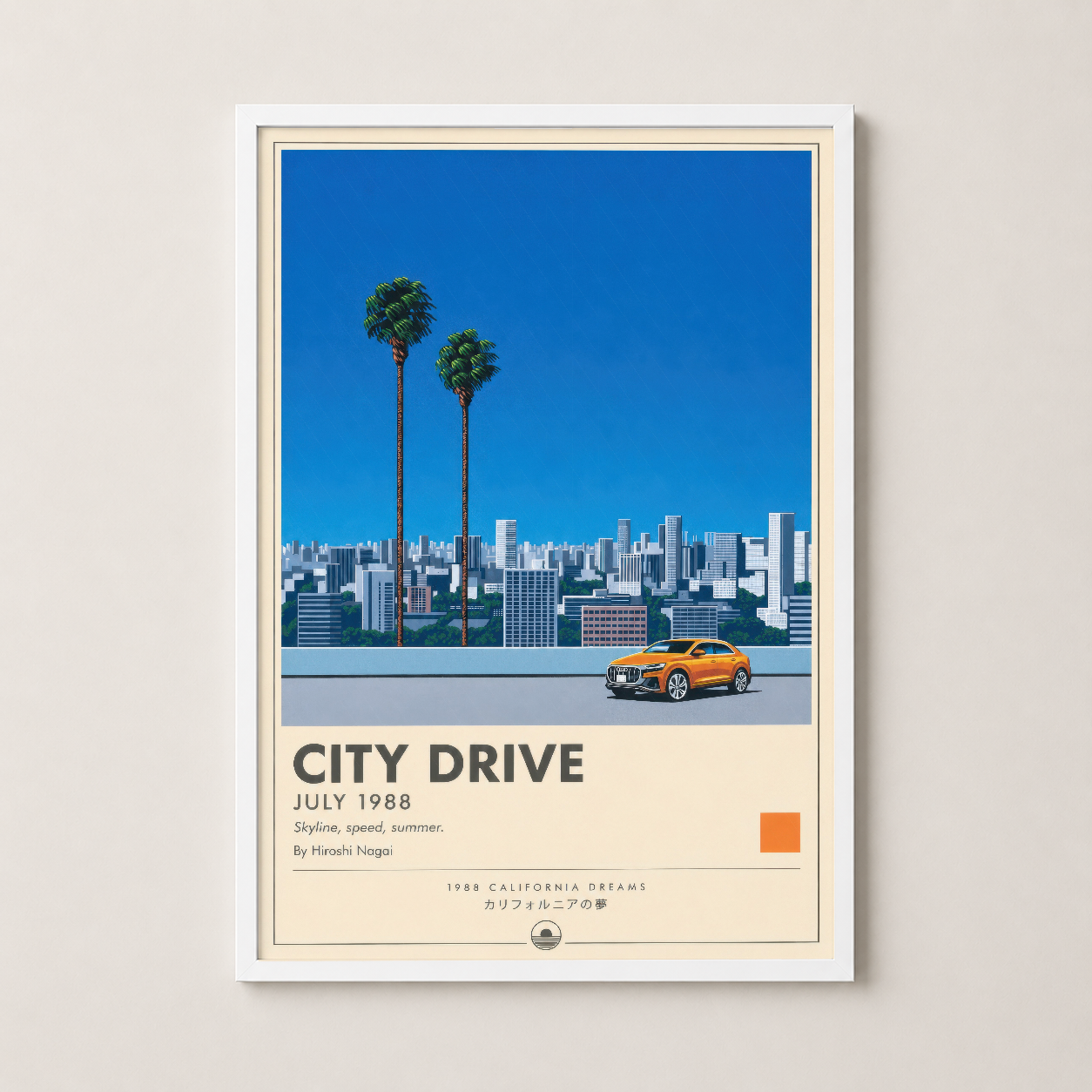 Beyaz çerçeveli City Drive posteri, palm ağaçları ve skyline ile nostaljik yaz havası.