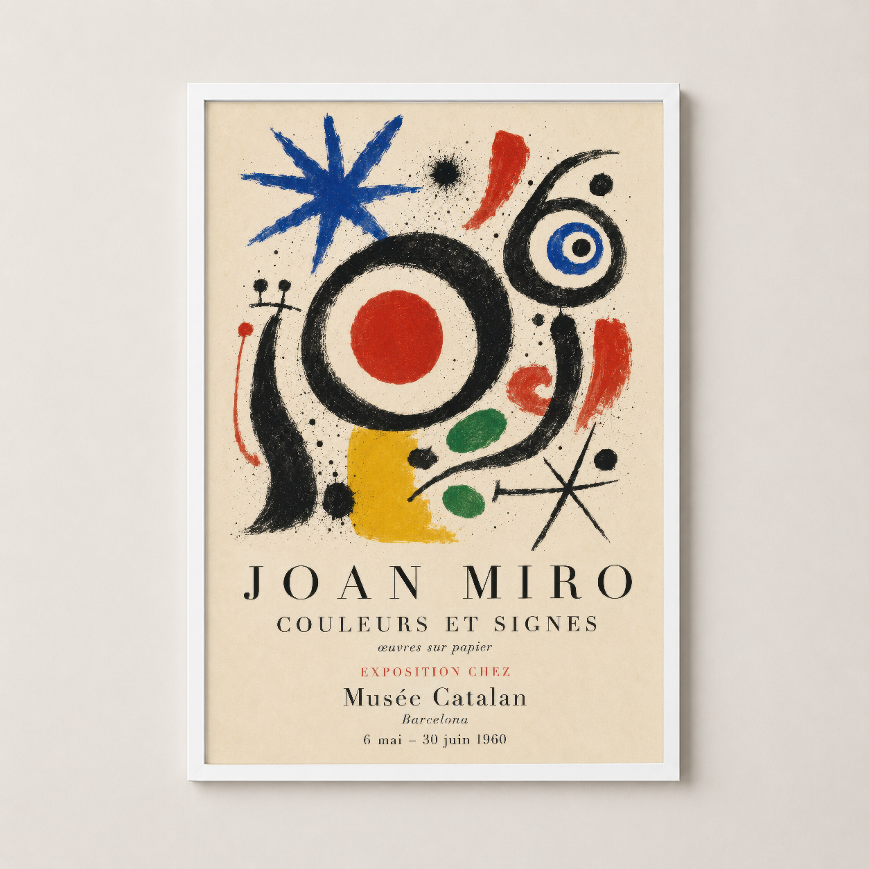 Joan Miró Couleurs et Signes tablosu beyaz çerçevede, sanat koleksiyonunuz için zarif klasik baskı.