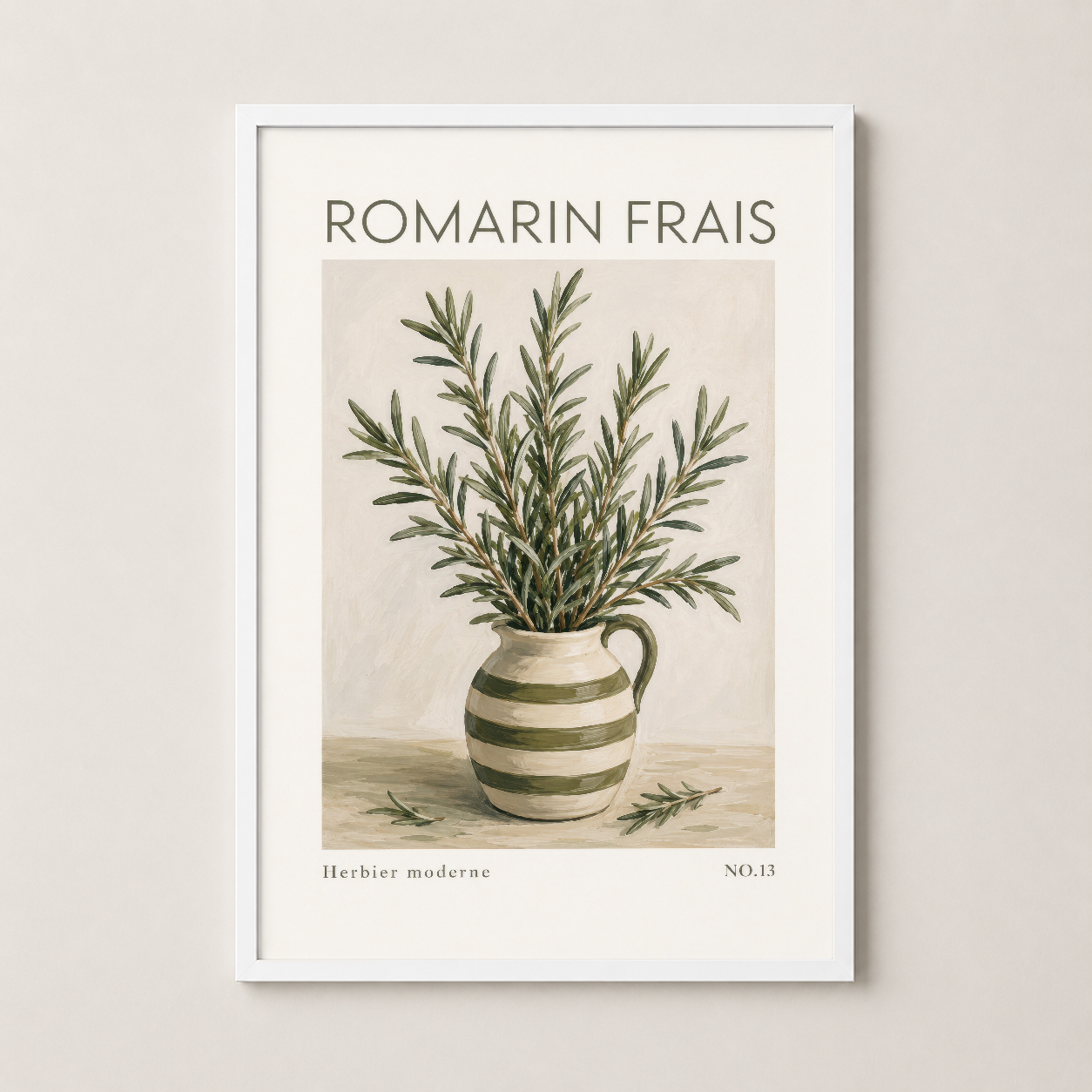 Romarin Frais duvar sanatı beyaz ahşap çerçevede, sade ve şık iç mekan tasarımı