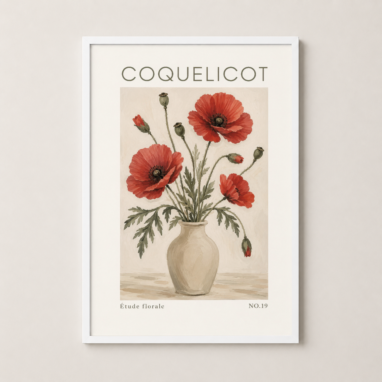 Beyaz çerçeveli coquelicot tablosu, kırmızı çiçeklerin incelikli tasarımı ve vintage botanik estetik sunar.