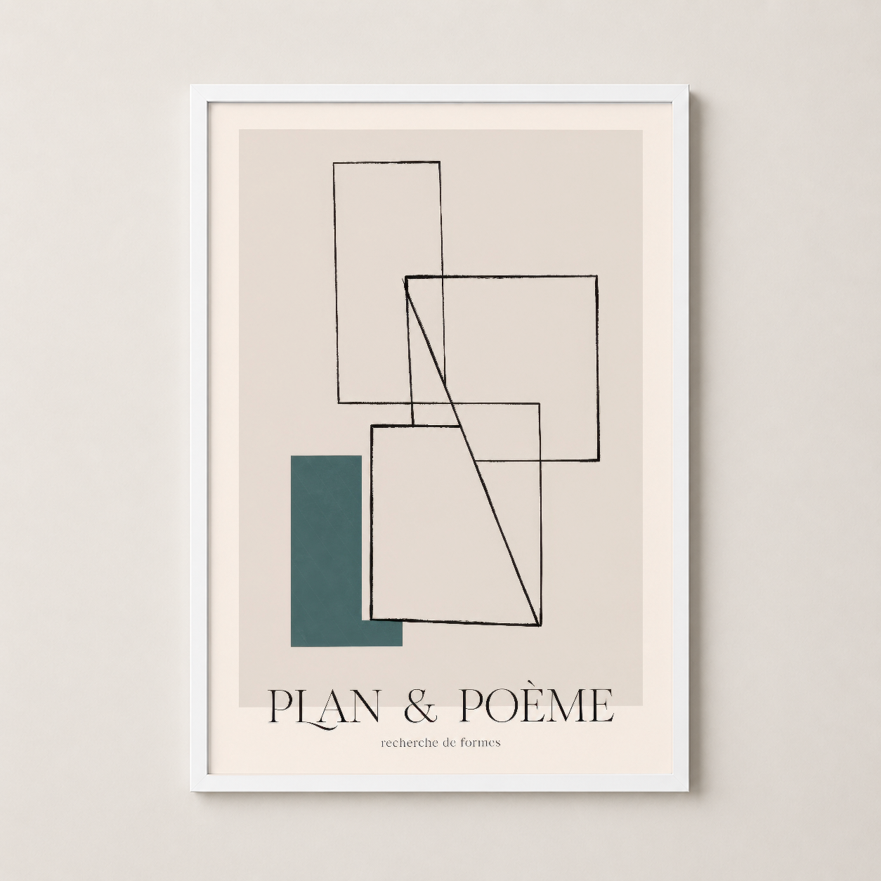 Plan & Poème tablosu beyaz çerçeveli haliyle, iç mekanları şıklaştıran geometrik sanat eseri.