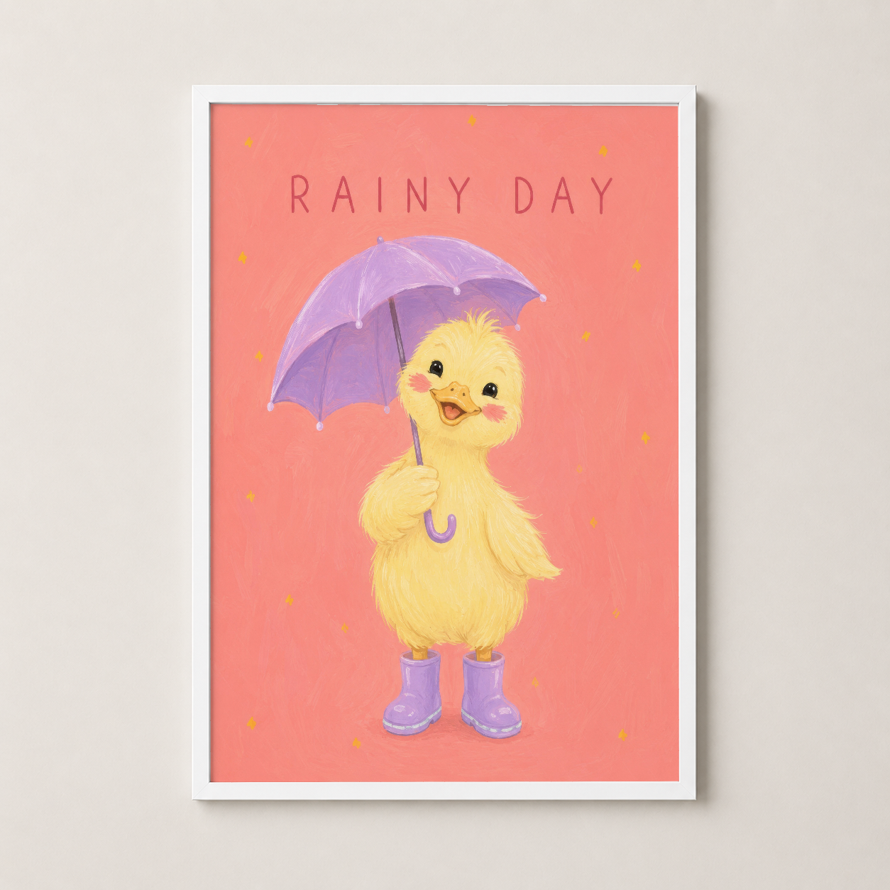 Beyaz çerçeveli, Rainy Day temalı sarı ördek posteri - çocuk yatak odası duvar dekorasyonu