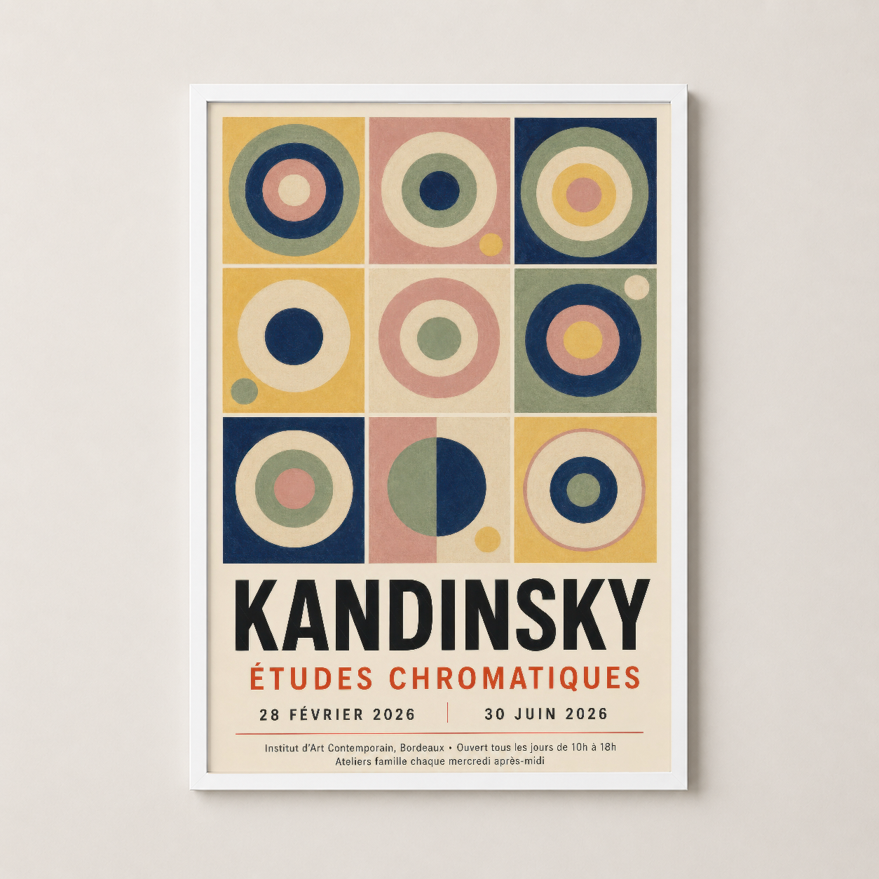 Beyaz çerçeveli Kandinsky sanat tablosu, saf renkler ve dairesel formlarla minimal dekorasyon.