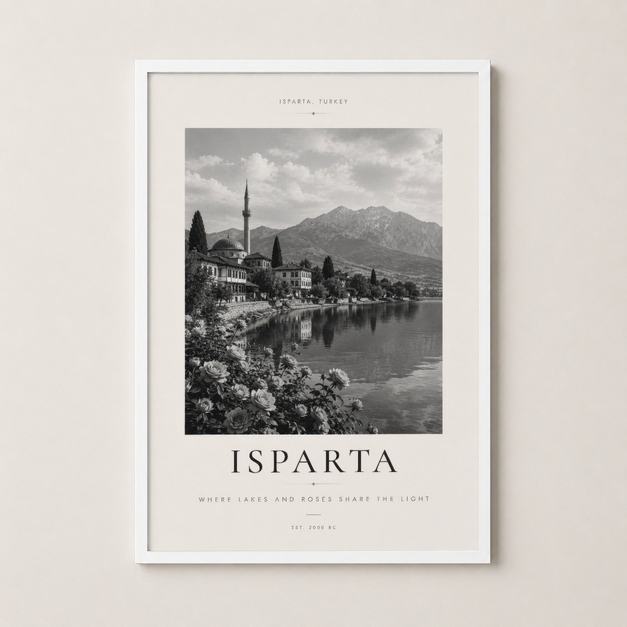 Isparta sanat baskısı beyaz çerçevede, klasik tasarım ve vintage estetik bir arada sunuyor.