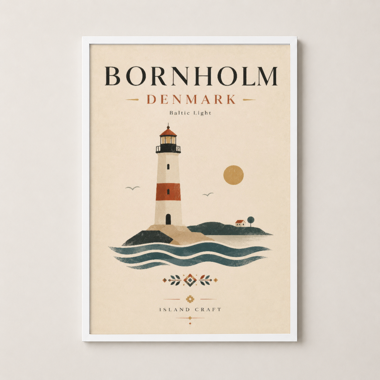 Beyaz çerçeveli Bornholm Danimarka postası, Nordic deniz manzarası temalı minimalist duvar tablosu.