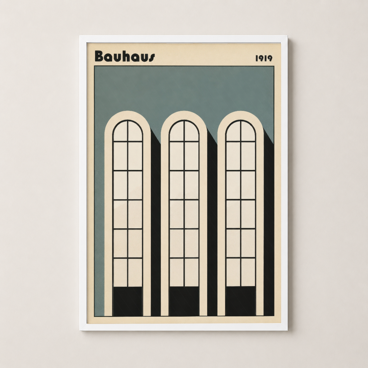Beyaz çerçeveli Bauhaus poster, asimetrik pencere desenli minimalist duvar sanatı.