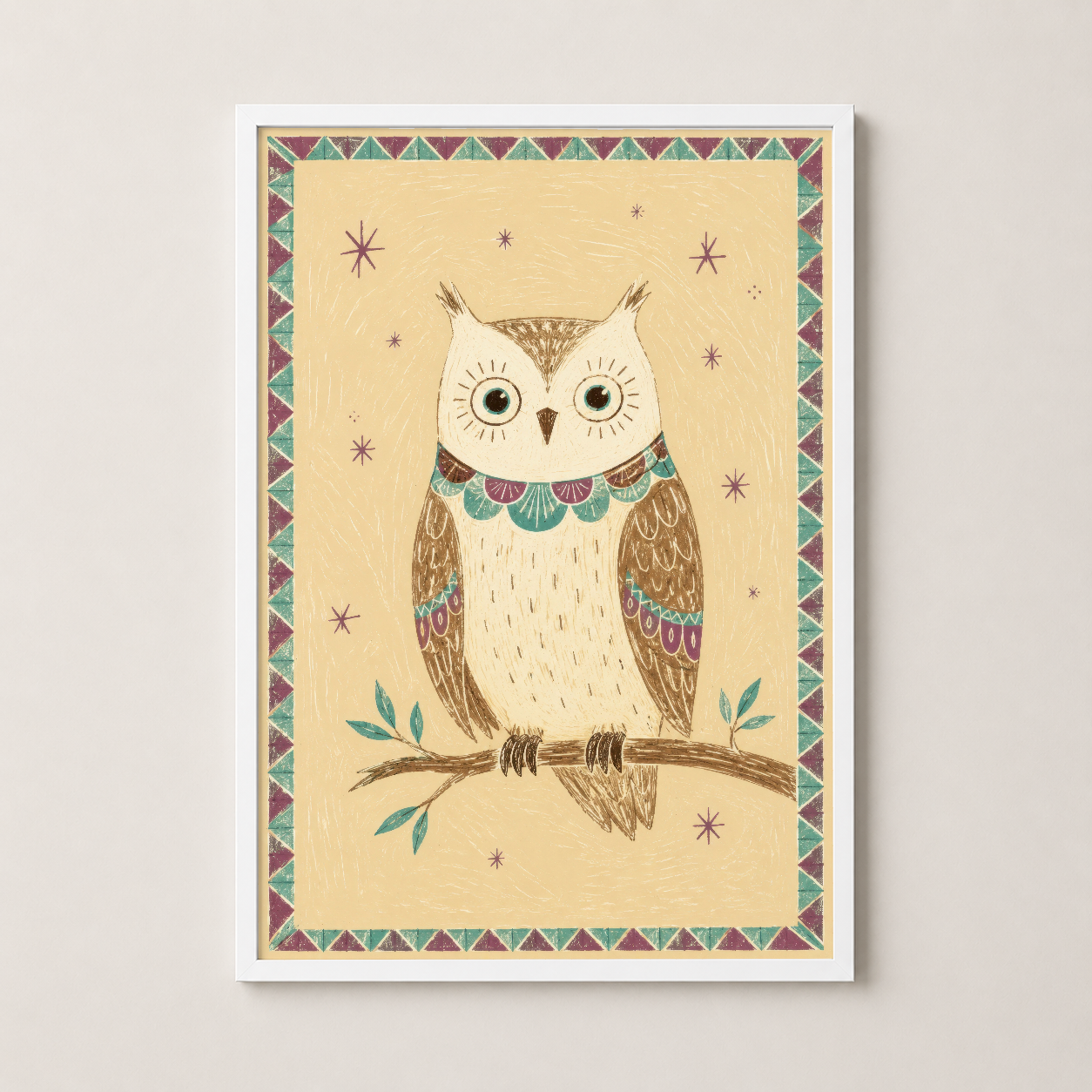 Folklorik baykuş portresi, beyaz çerçeveli, boho tasarım ilkeleriyle rengarenk dekoratif poster.