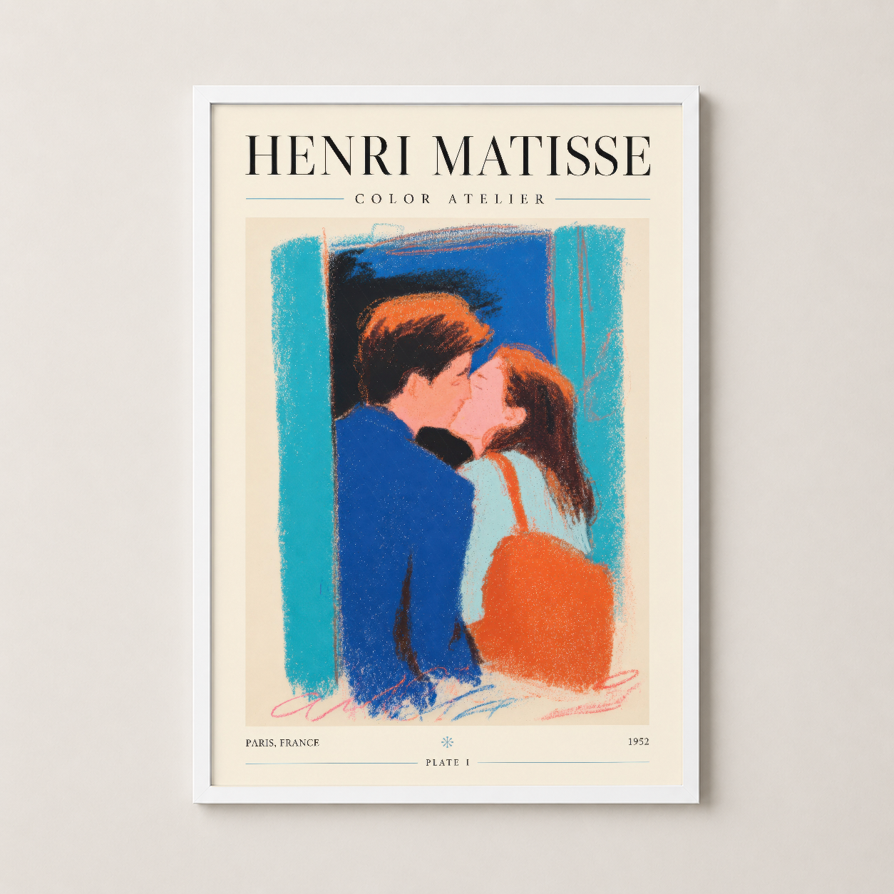 Matisse'in renkli sanat eserini vurgulayan, temiz beyaz çerçeveli zarif bir duvar tablosu.