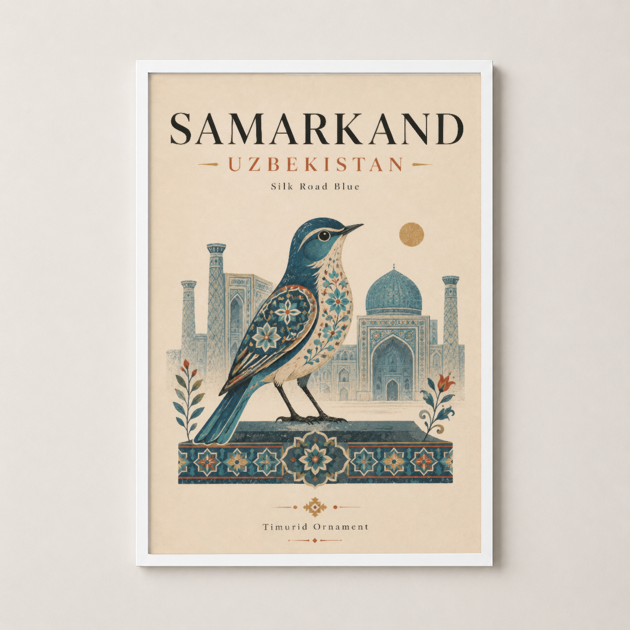 Samarkand Uzbekistan tablosu beyaz çerçeveli, modern iç mekanlar için geleneksel sanat stili.