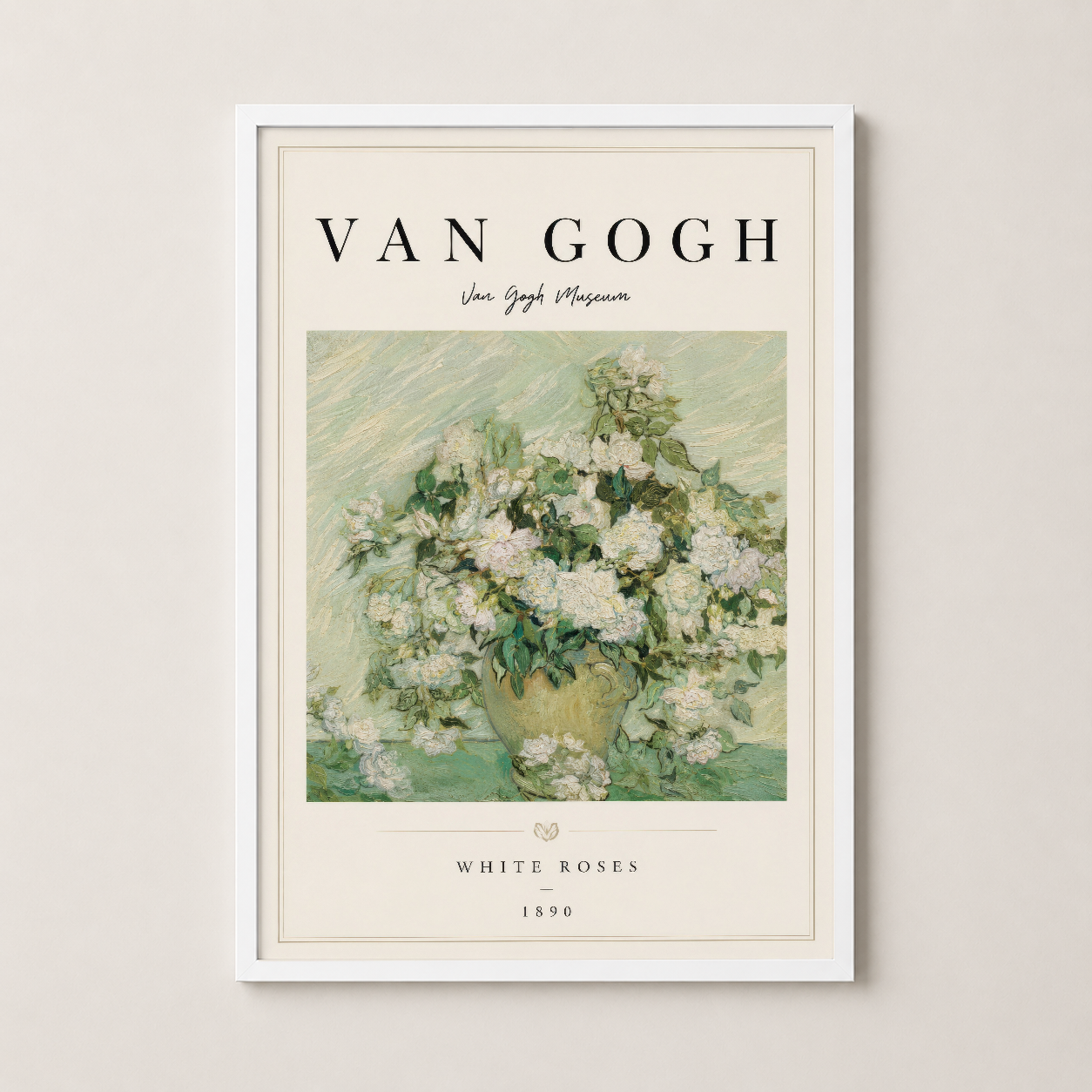 Van Gogh Beyaz Güller posteri beyaz çerçeveli, ışık ve zarif çiçek aranjmanı ile odayı aydınlatan sanat.