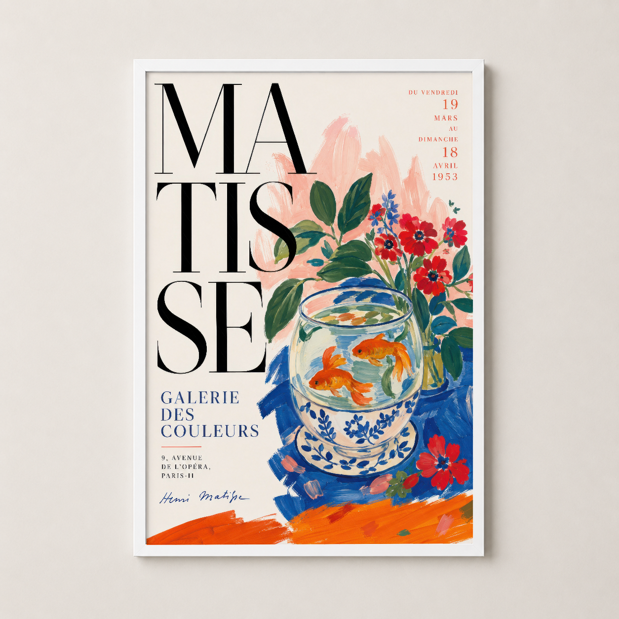 Matisse posteri beyaz çerçevede, vintage sanat sergisi tablosu, renkli çiçek ve koi motifli dekoratif baskı
