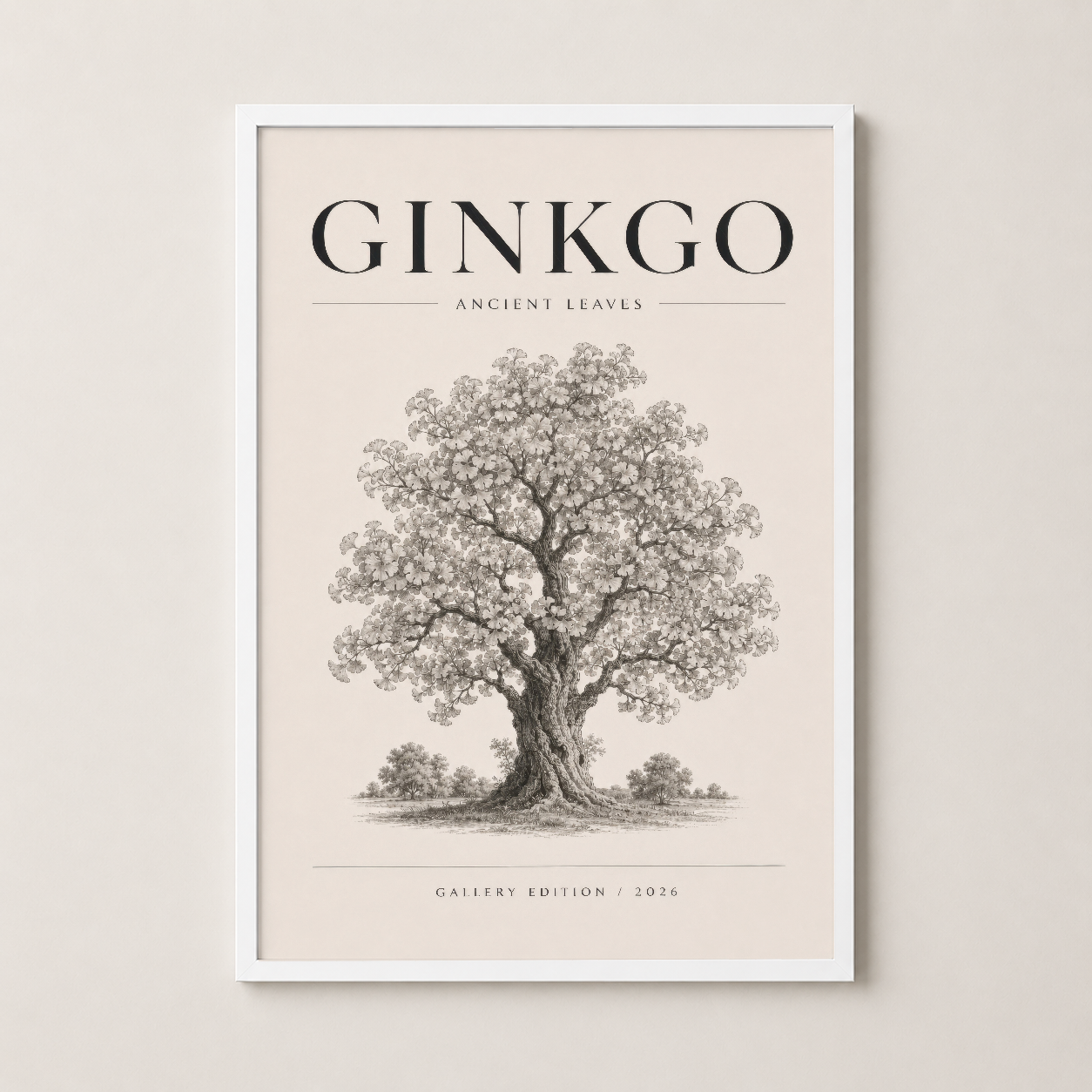 Ginkgo Ancient Leaves tablosu beyaz ahşap çerçevede, zarif antik ağaç çizimi ve sanat yayını detayı.