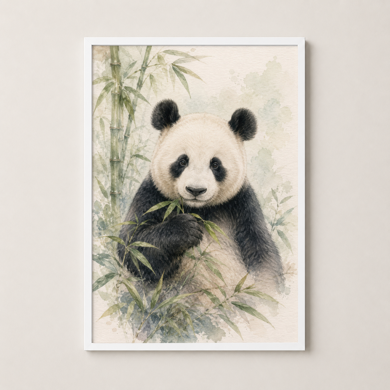 Beyaz çerçeveli, pastel tonlarda panda hayvan tablosu bambo bitki dekoru