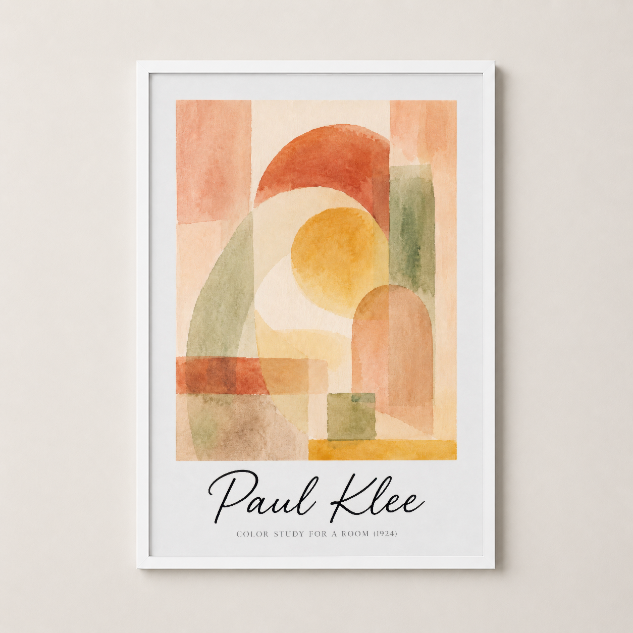 Paul Klee'nin geometrik sanat tablosu beyaz çerçevede, minimalist dekorasyona mükemmel uyum sağlayan poster.