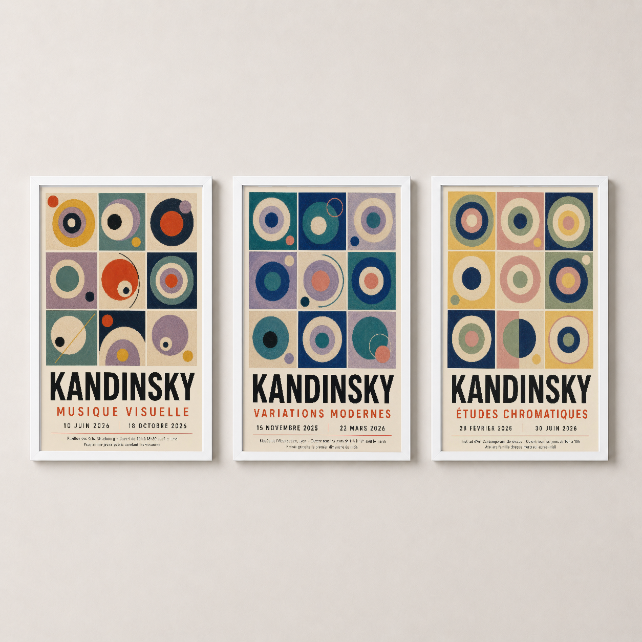 Beyaz çerçeveli Kandinsky diptik tablosu, renkli geometrik şekiller ve minimalist tasarımla modern dekorasyon.