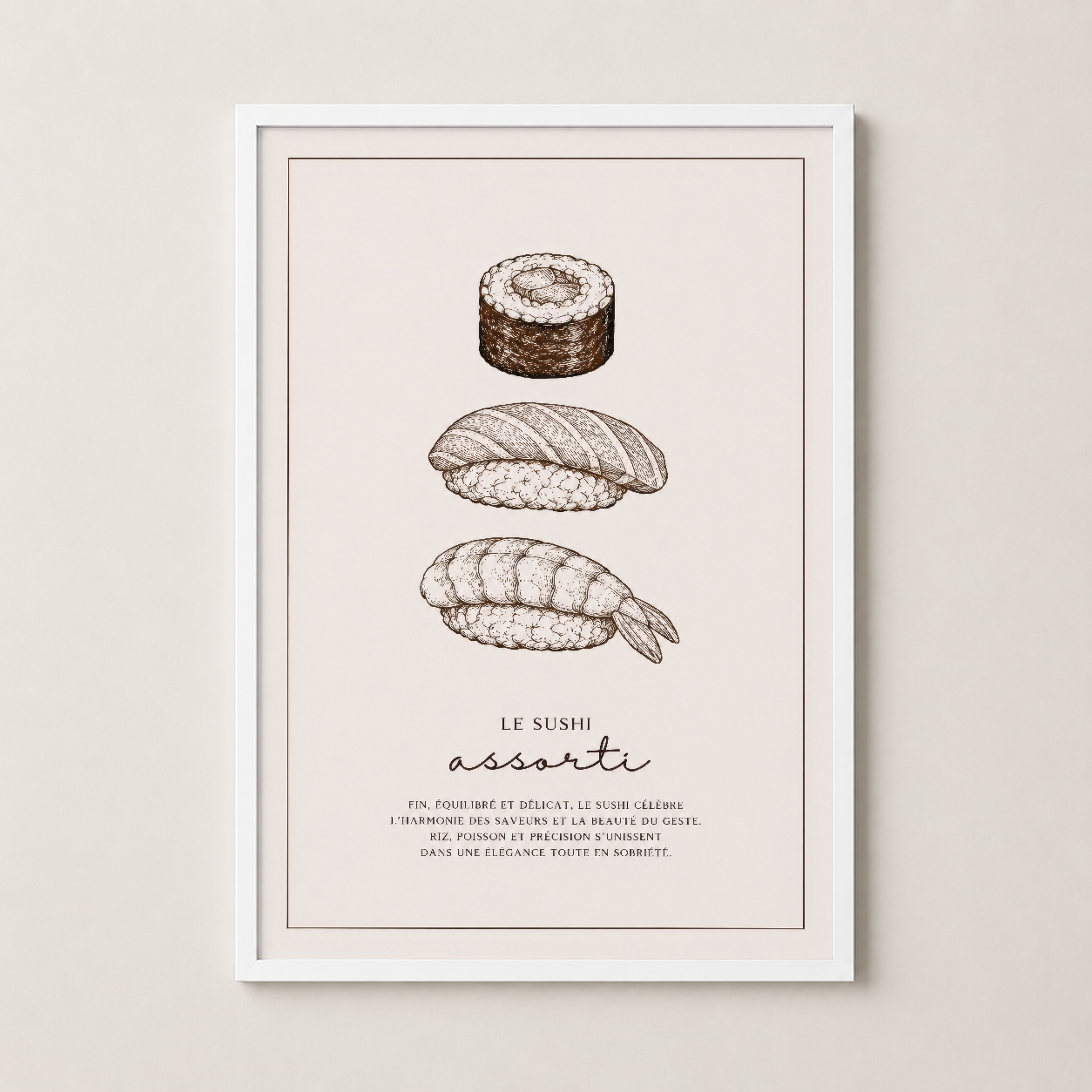 Sushi assort tablosu, beyaz çerçevede, hafif ve aydın tasarımı vurgulayan poster.