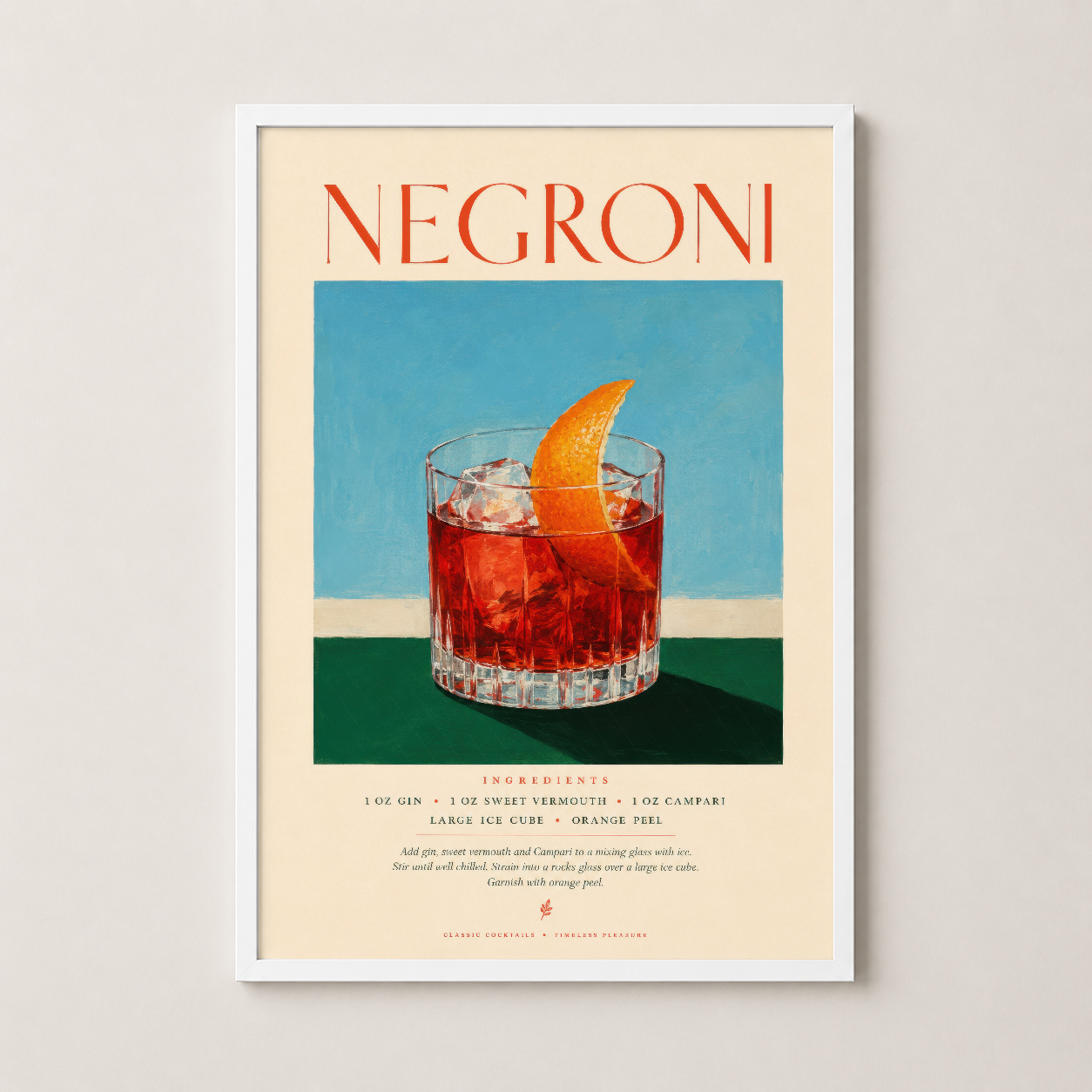 Negroni kokteyl duvar tablosu beyaz çerçevede, minimalist mutfak dekorasyonu.