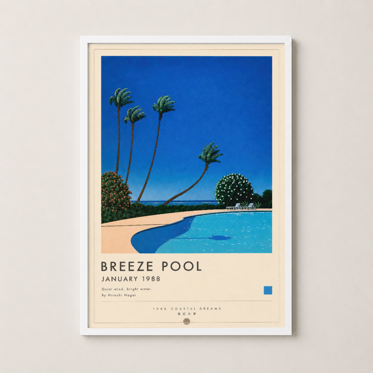 Breeze Pool sanat baskısı beyaz çerçevede, retro vintage estetik ile konforlu bir odada.