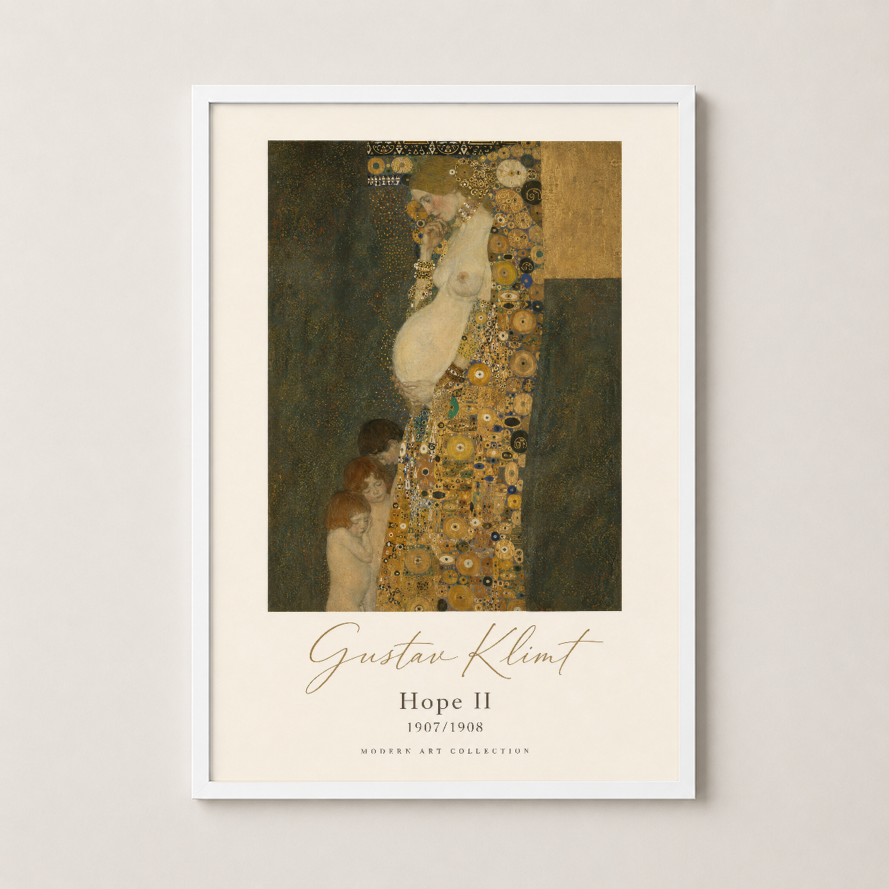 Klimt'in Hope II eseri beyaz çerçevede sergilenen, zarif ve sofistike duvar dekoru seçeneği.