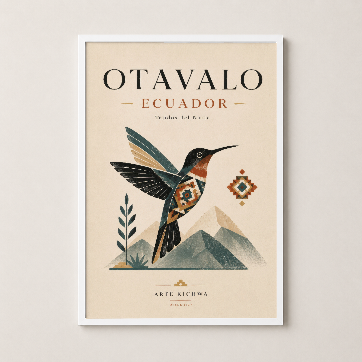 Beyaz çerçeveli Otavalo Ecuador tablosu, etnik kuş sanat tasarımı ve dağ görüntüsü.