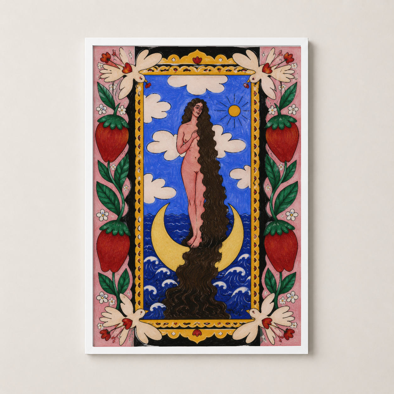 Beyaz çerçeveli, mistik feminenlik temasıyla hazırlanmış, renkli ve dekoratif poster sanat eseri.