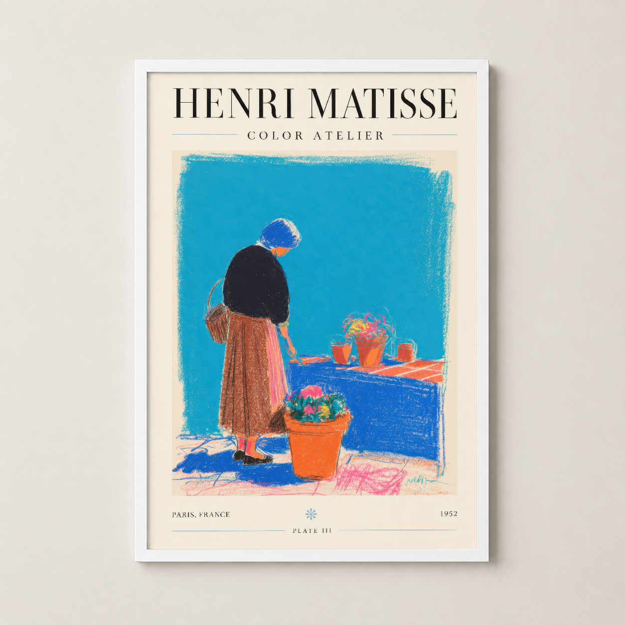 Matisse Color Atelier tablosu beyaz çerçevede, minimalist ve aydınlık iç mekanlar için mükemmel sanat eseri.