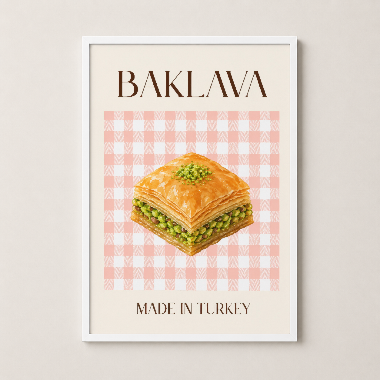 Baklava tasarımlı poster beyaz çerçevede, minimalist stiline renk katan pembe kariyer motifi ve vintage duygusu.