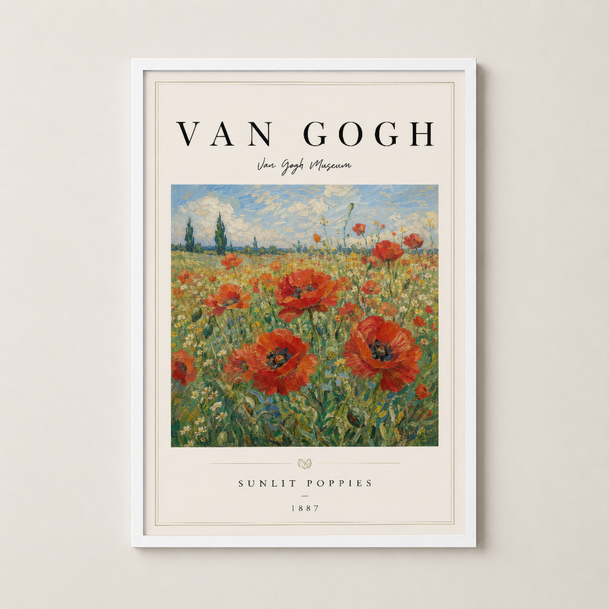 Van Gogh'un Sunlit Poppies eseri, temiz beyaz çerçeve içinde tamamlanmış, klasik sanat baskısı tasarımı.