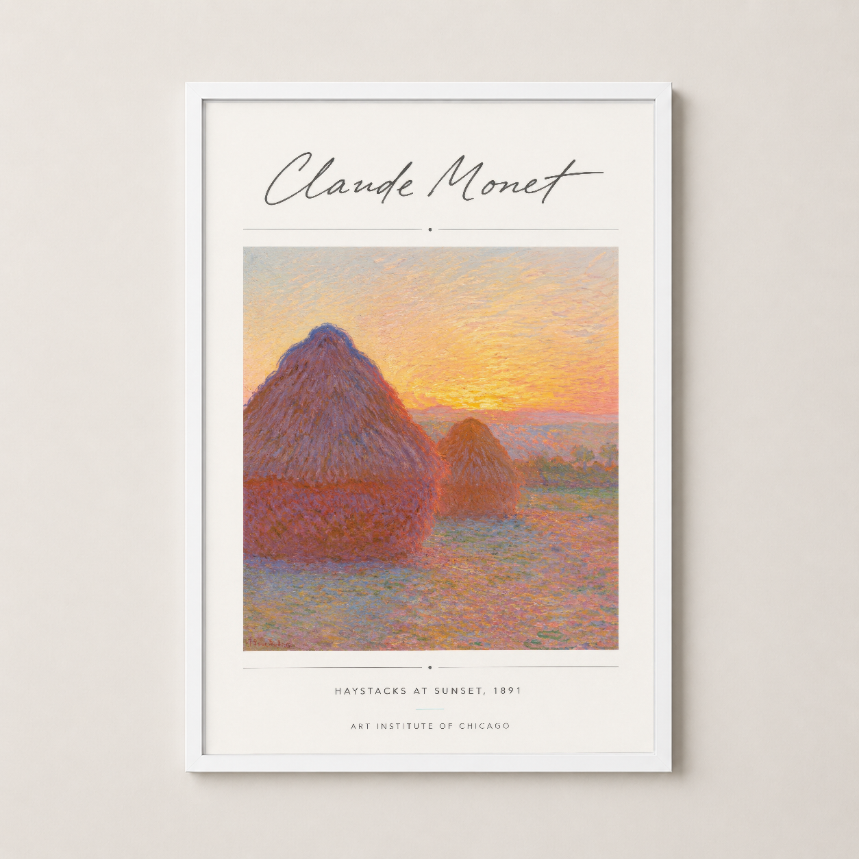 Monet'nin Günbatımında Samanlıklar tablüsü, zarif beyaz çerçeveyle sunulan sanat baskısı.