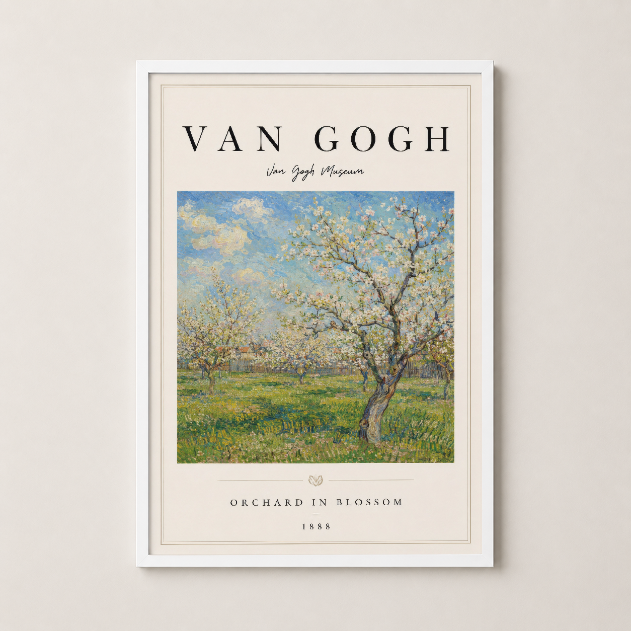 Beyaz çerçevede Van Gogh bahçe sahnesi, çiçek açan ağaçlar ve yeşil çimen manzarası, sanat posteri.