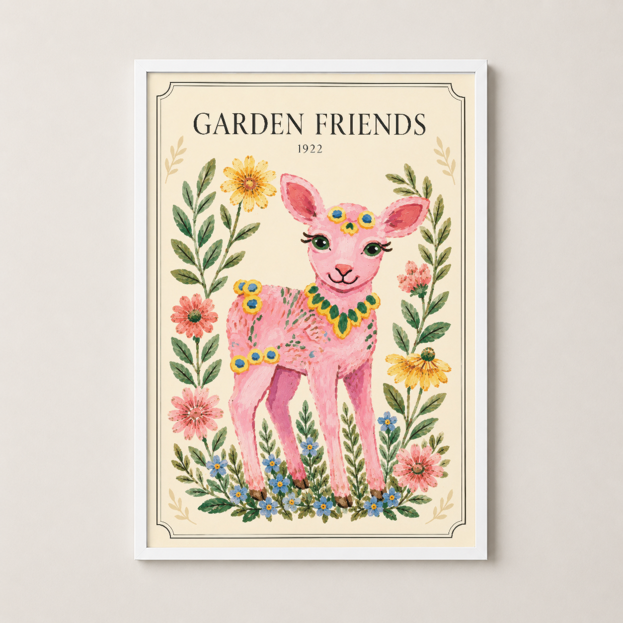 Garden Friends duvar tablosu beyaz çerçeveli, nostaljik çiçek desenli