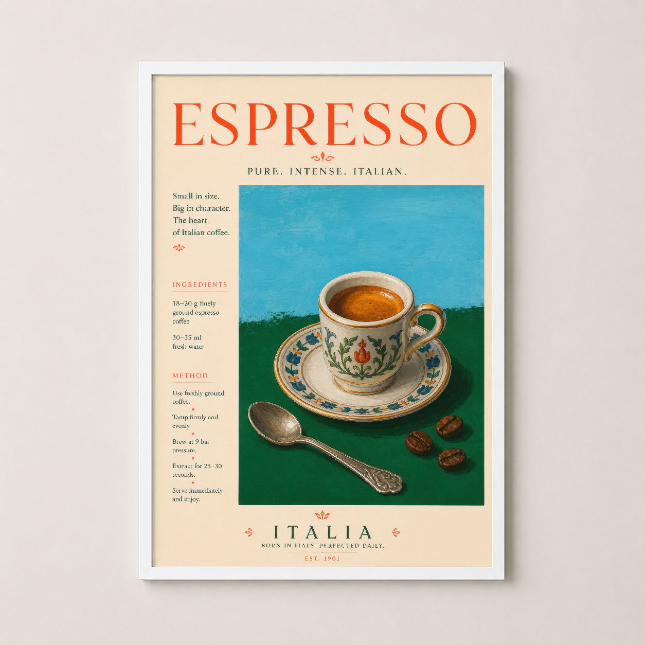 Beyaz çerçeveli vintage espresso tablosu, modern veya klasik iç tasarımlarla uyumlu bir sanat eseri.