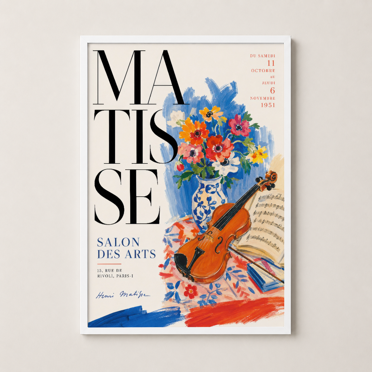 Beyaz çerçeveli klasik Matisse sanat posteri, renkli çiçekler ve keman.