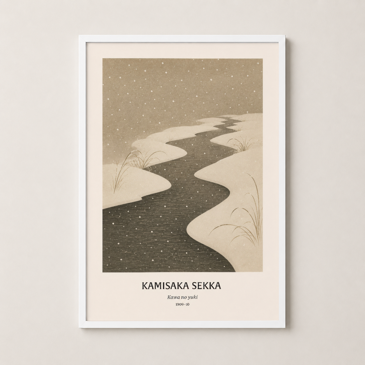 Beyaz çerçeveli Kamisaka Sekka posteri, şiirsel kış manzarası ve minimalist sanat stilinin kusursuz kombinasyonu.