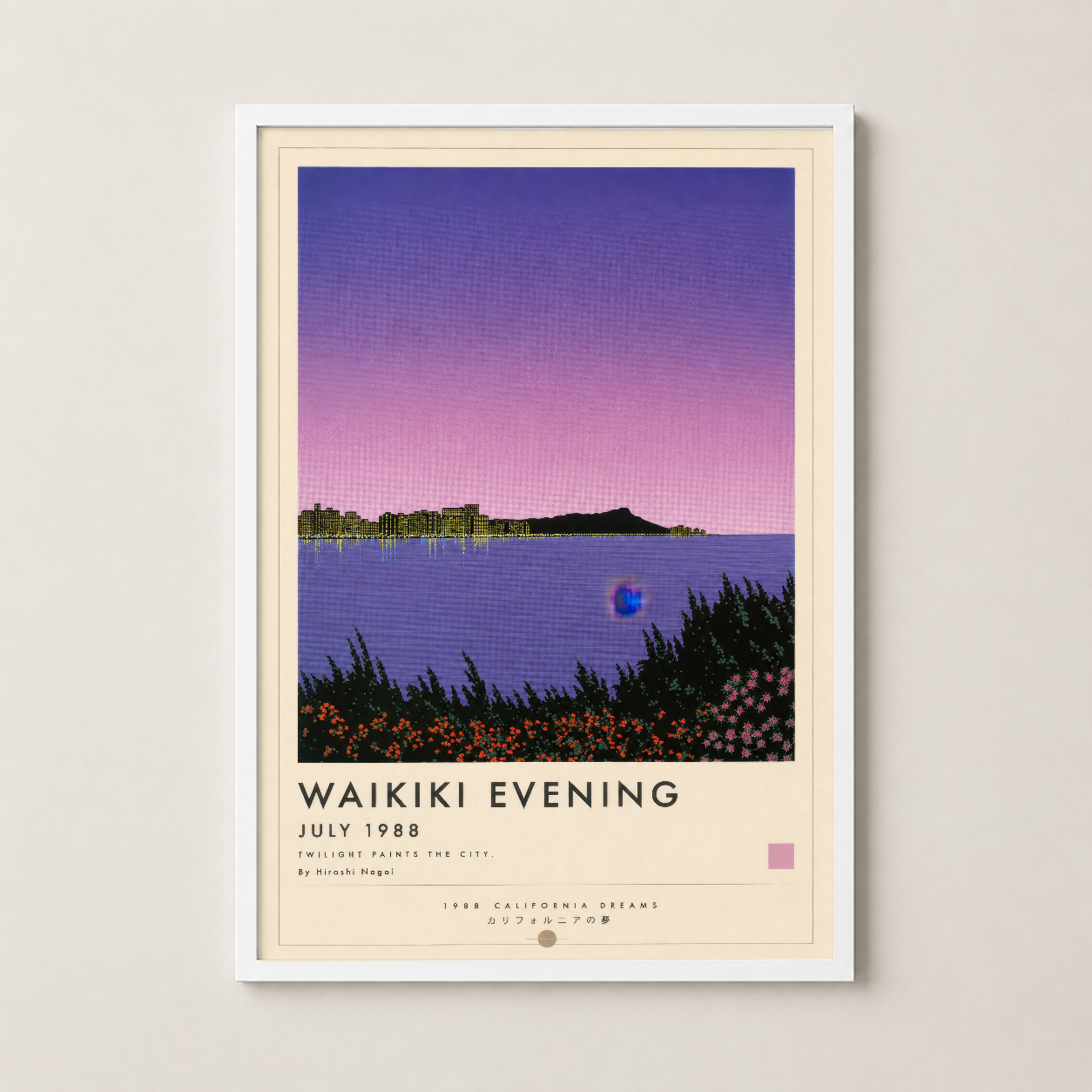 Waikiki Evening tablosu beyaz çerçevede, sakin deniz manzarası ve pembe gökyüzü ile modern dekorasyon.