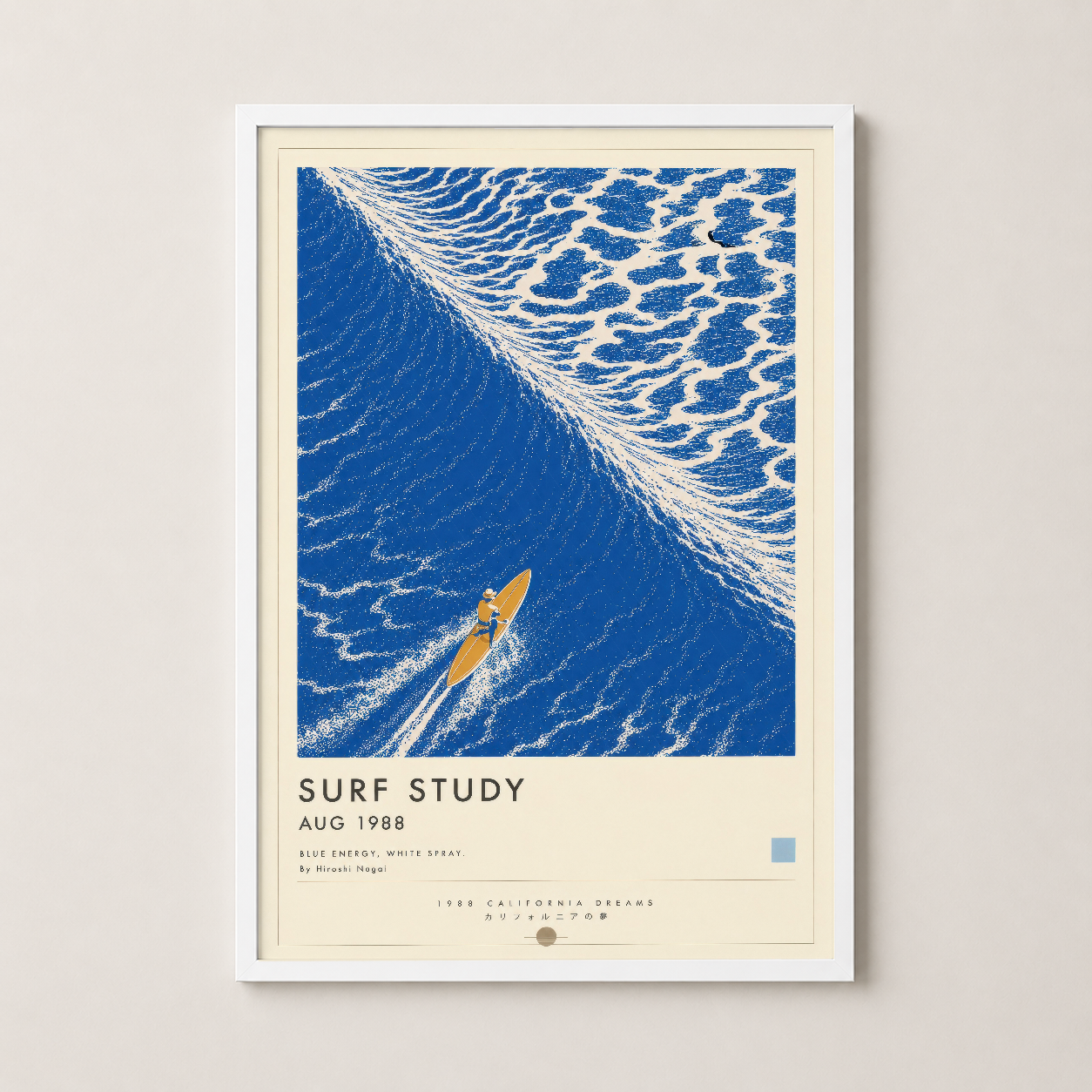 Surf Study tablosu beyaz çerçeveli, 1988 California Dreams koleksiyonundan, retro sanat posteri.