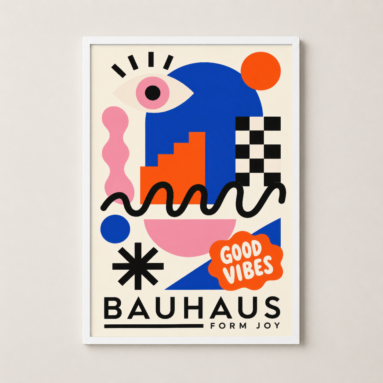 Beyaz çerçeveli Bauhaus tasarımı, canlı renkler ve soyut formlarla yaşam alanlarını canlandıran duvar tablosu.
