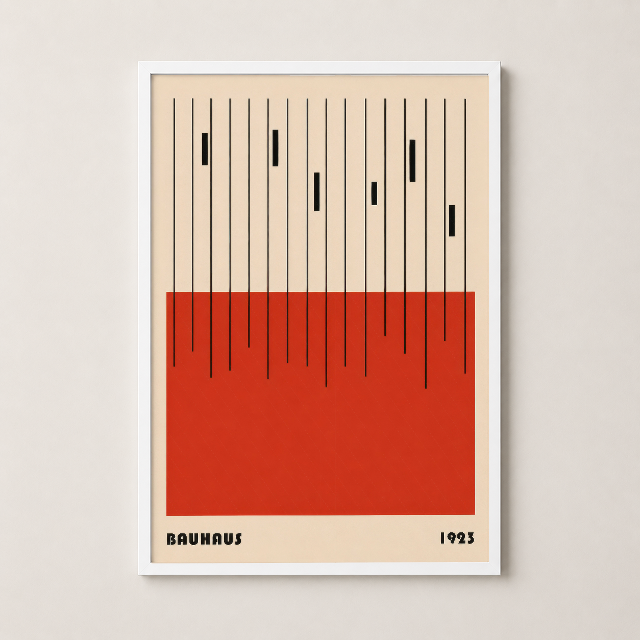 Beyaz çerçeveli Bauhaus tablosu, zarif minimalist tasarımı her mekanda yaşatır ve dikkat çeker.