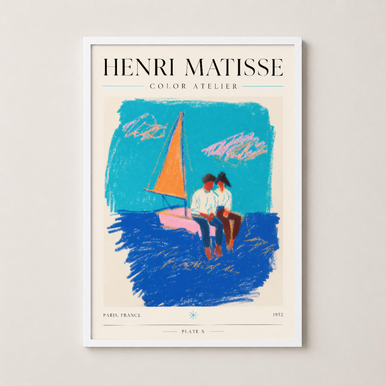 Matisse Color Atelier posteri beyaz çerçevede: turkuaz, mavi ve turuncu tonlarıyla şık duvar sanatı.
