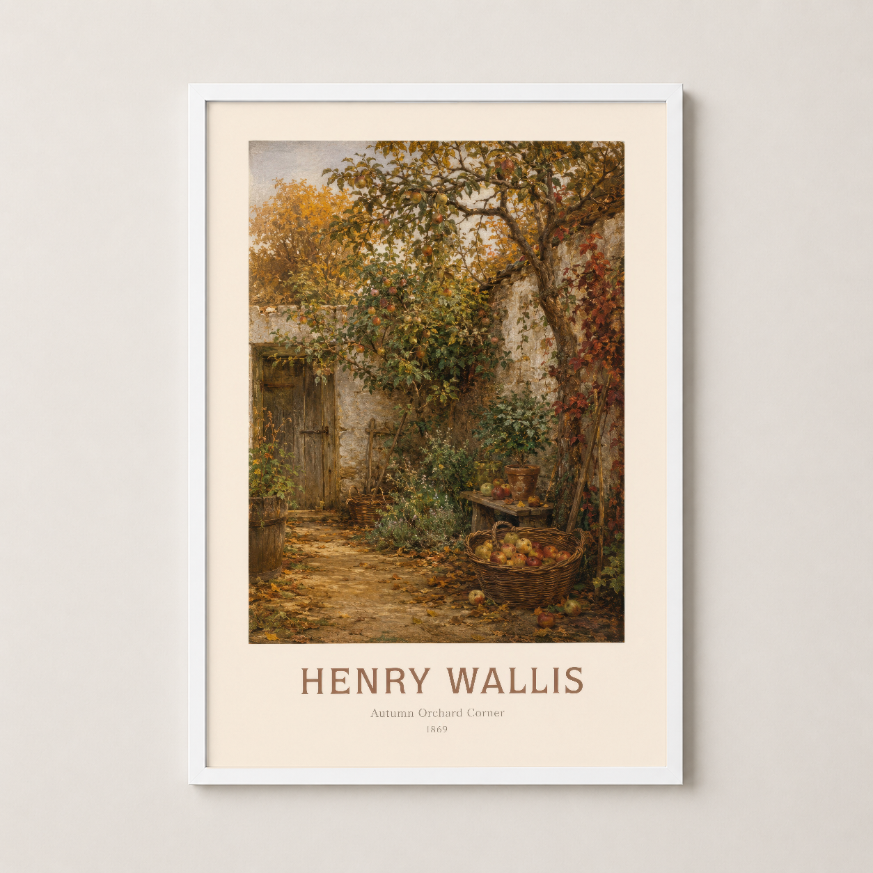 Henry Wallis Sonbahar Bahçesi Köşesi tablosu, zarif beyaz çerçevede, vintage sanat baskısı ve mat görünümü