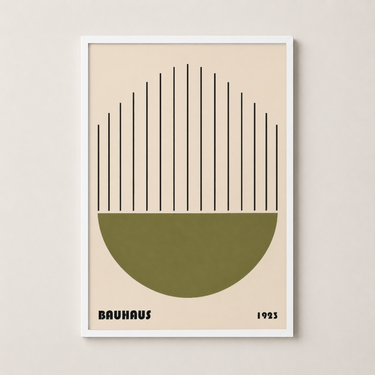 Bauhaus sanat baskısı beyaz çerçevede, şık soyut çizgi ve şekil kombinasyonu.