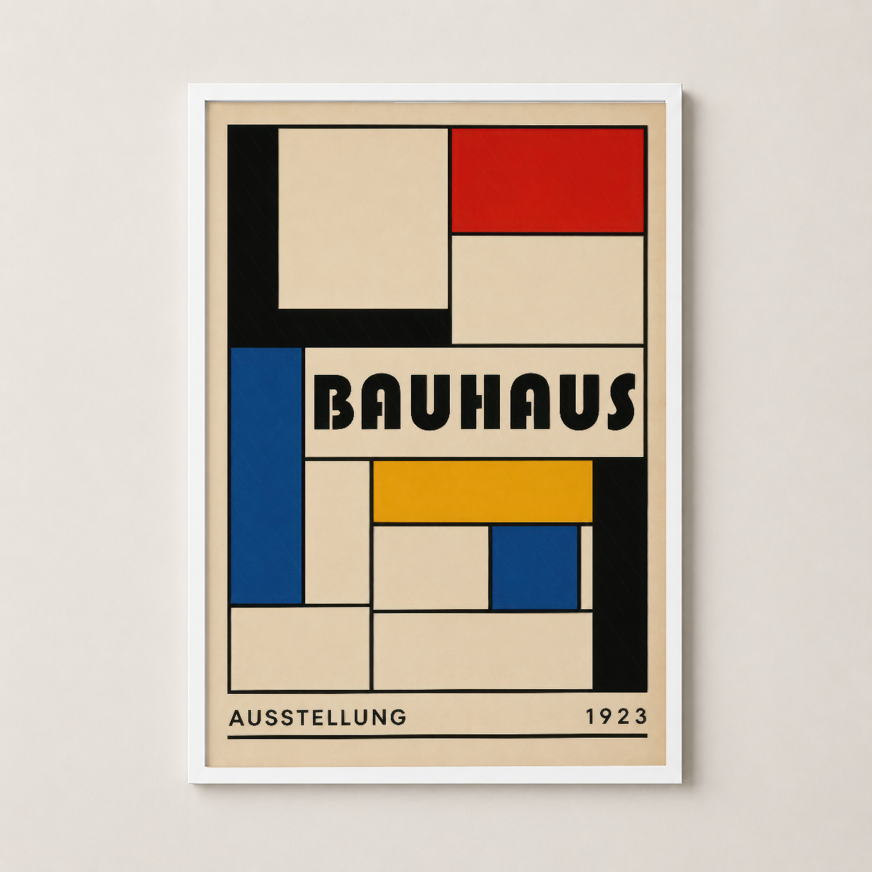 Bauhaus 1923 posterinin beyaz çerçeveli versiyonu, minimalist stil duvar tablosu ve ev dekorasyonu için