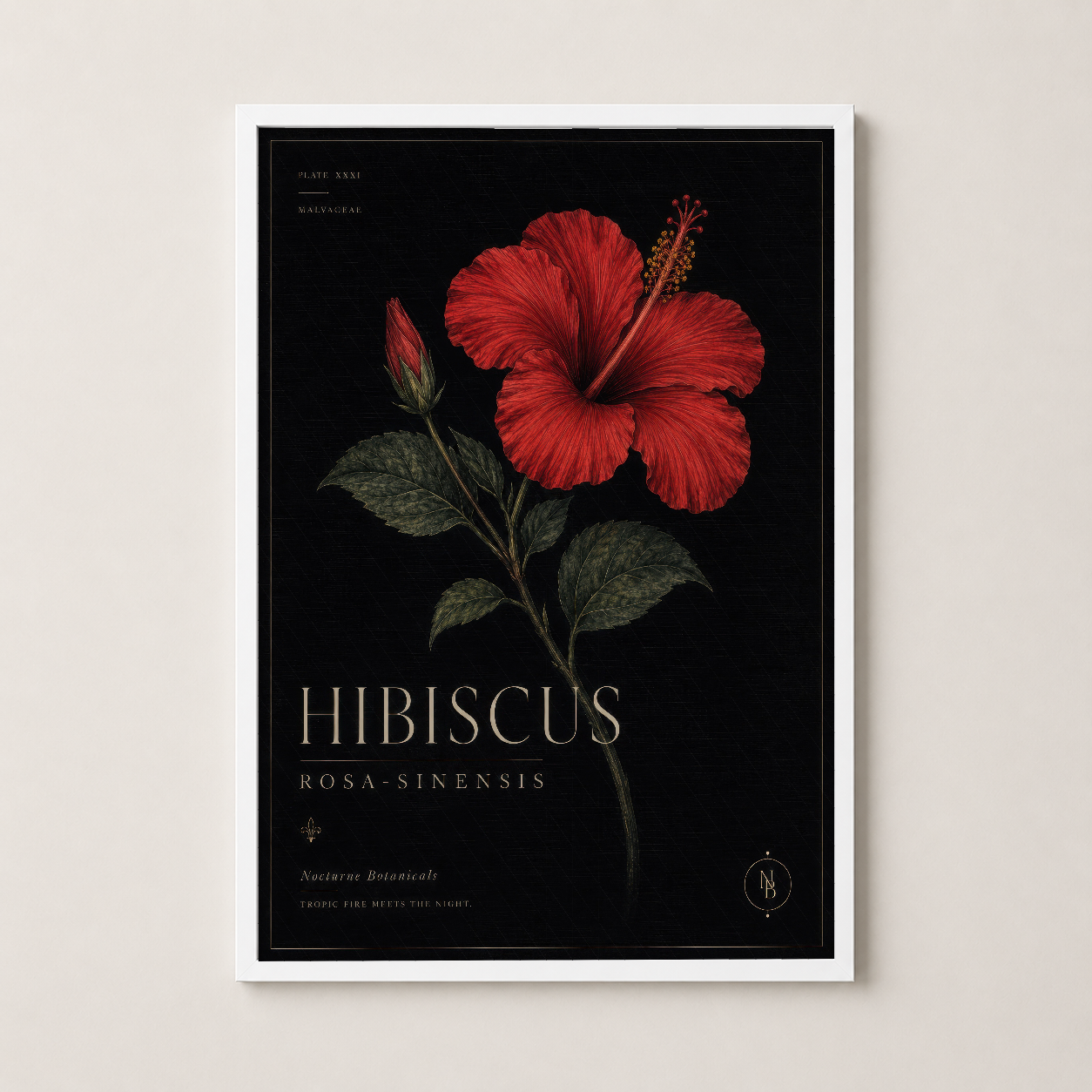 Beyaz çerçeveli, zarif bir şekilde sergilenen hibiskus tasarımlı modern dekoratif tablo.