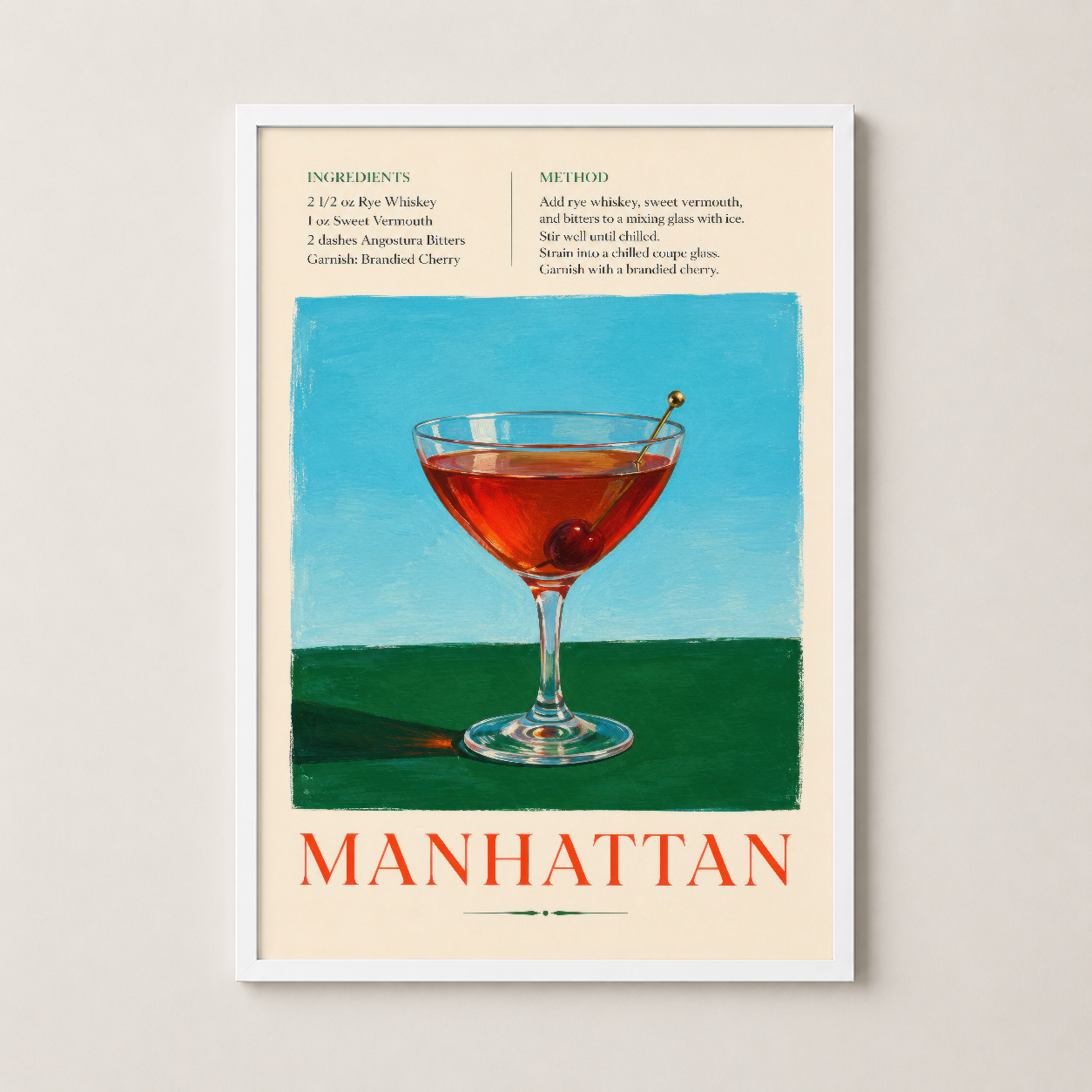 Manhattan kokteli resepli duvar tablosu beyaz çerçevede, klasik kokteyl sanatı dekorasyonu.
