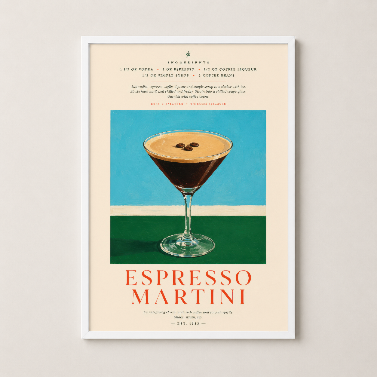 Espresso Martini kokteli tarifi beyaz çerçeveli sanat baskısı, şık ev dekorasyonu.