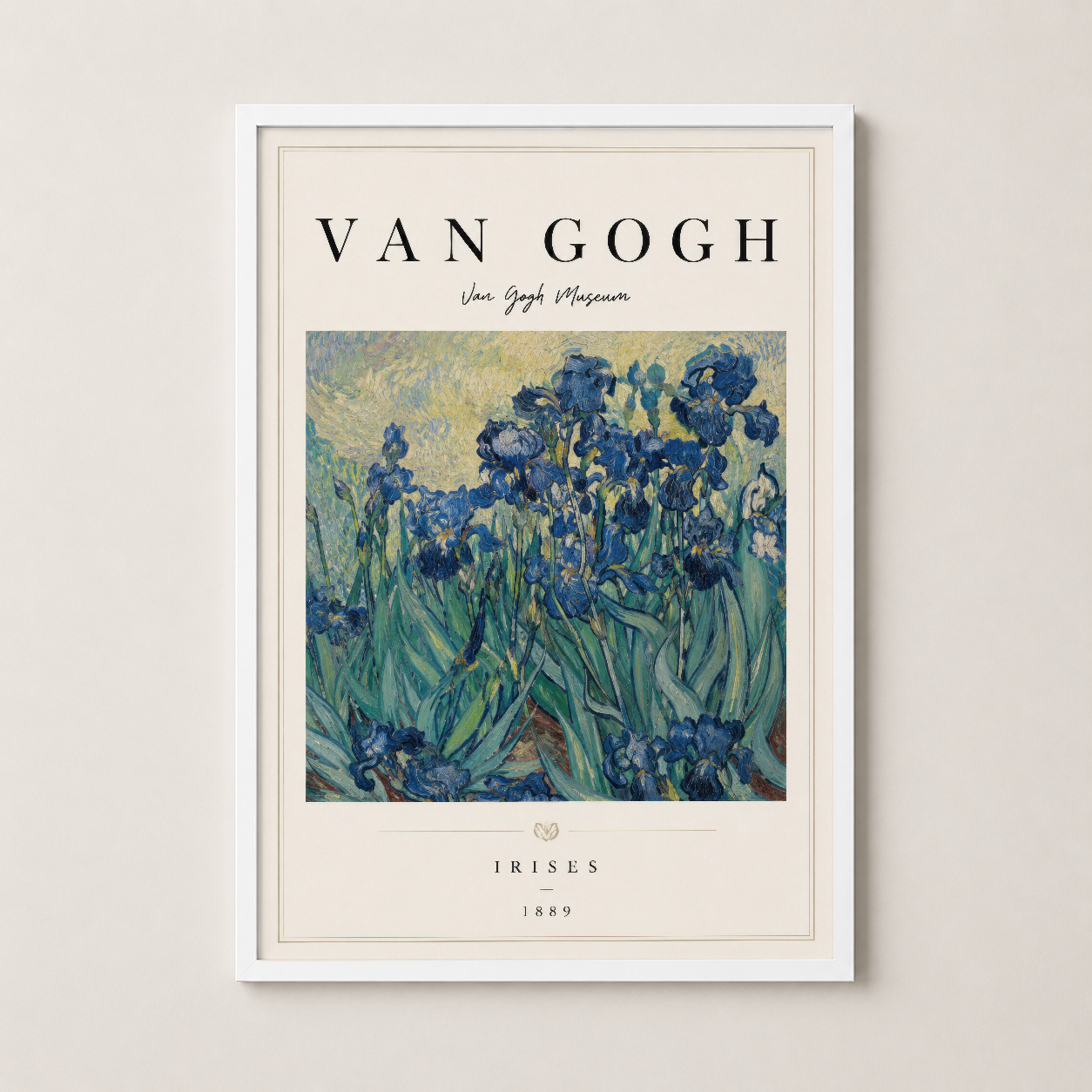 Van Gogh'un Irises eseri, temiz beyaz çerçevede, klasik müze poster tarzı duvar tablosu.