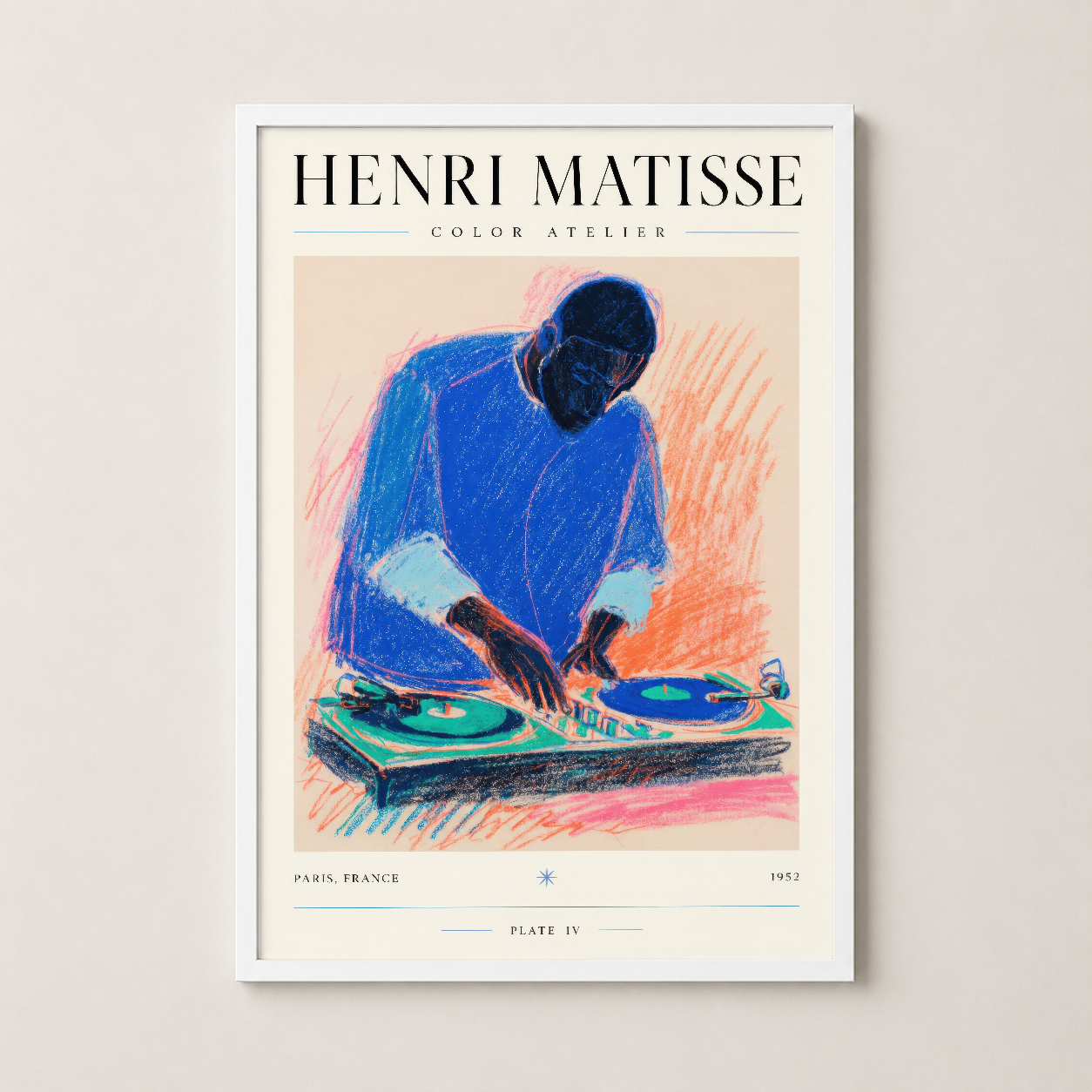 Matisse renkli DJ sanat tablosu beyaz çerçeveli, 1952 Paris atölyesi konsepti modern duvar dekorasyonu.