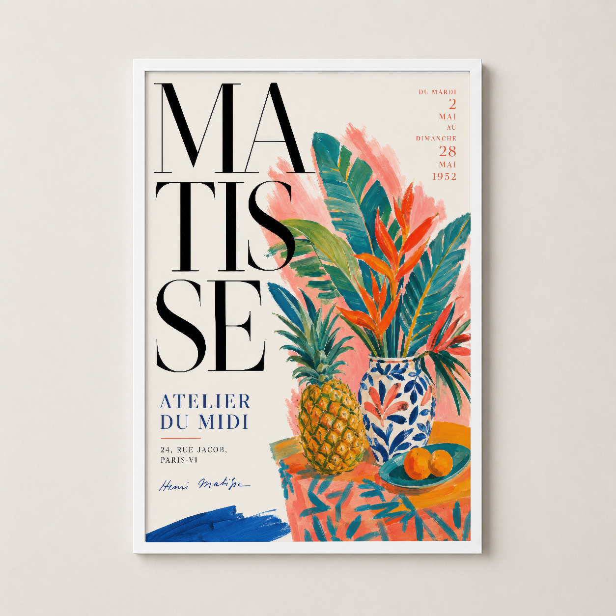 Beyaz çerçevede, Matisse koleksiyonu poster, sanat deco üslubunda renkli dekoratif çiçek düzenlemesi.